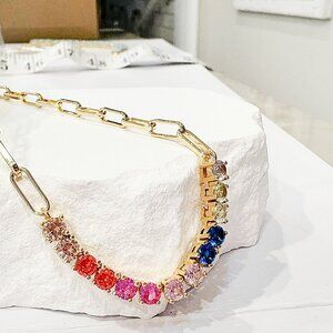Vibrant Colorful Gemstones Gold Paperclip Chain Tennis Necklace